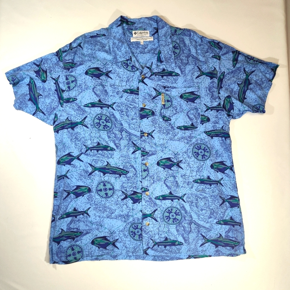 Columbia, Blue Marlin Print Men's Cotton Short Sleeve Shirt.   Size L